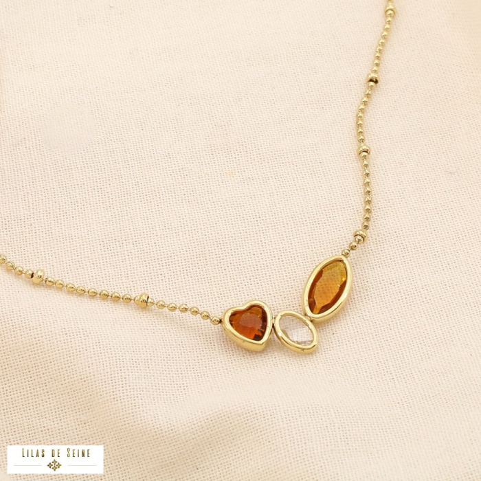 Collier acier inoxydable cristal coeur chaîne bille 0125549 marron