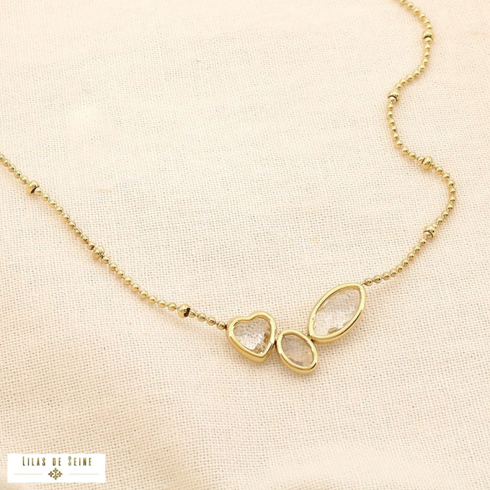 Collier acier inoxydable cristal coeur chaîne bille 0125549 doré