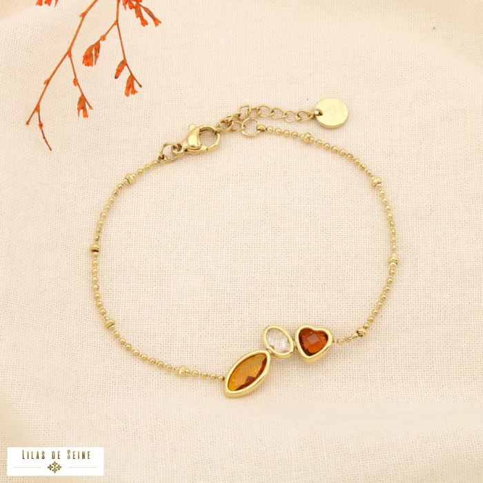 Bracelet acier inoxydable cristal coeur chaîne bille 0225535 marron