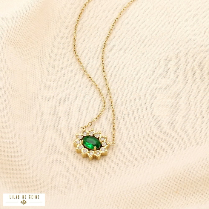 Collier acier inoxydable strass cristal ovale 0125552 vert