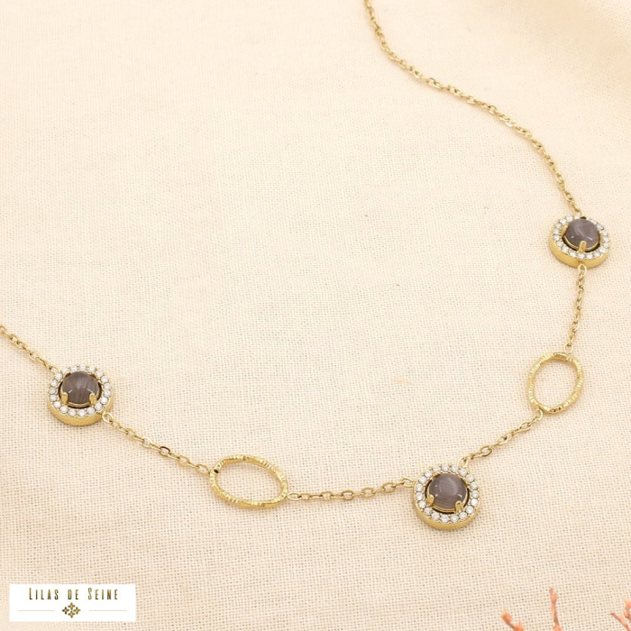 Collier acier inox pastille cabochon verre strass 0125553 noir