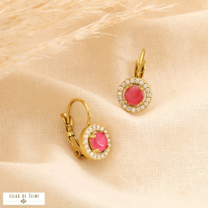 Boucles d’oreilles acier rond cabochon verre strass 0325552 rose
