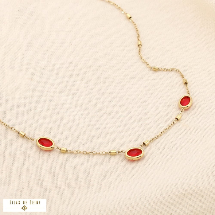 Collier minimaliste acier inoxydable cristal ovale 0125556 rouge bordeaux