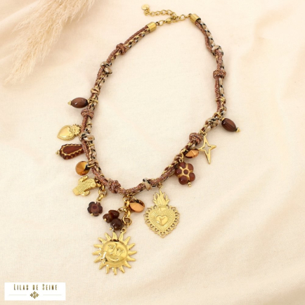 Collier acier cordon bohème multi-charms soleil cœur 0125538 marron