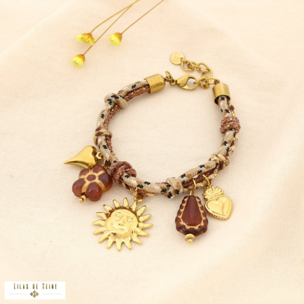 Bracelet acier cordon bohème multi-charm soleil cœur 0225522 marron