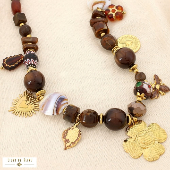 Collier acier floral breloque résine verre émail 0125540 marron