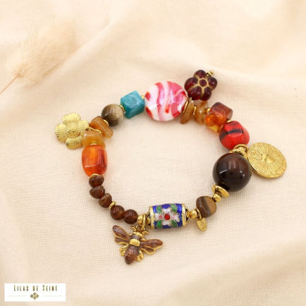 Bracelet acier floral breloque résine verre émail 0225523 multi