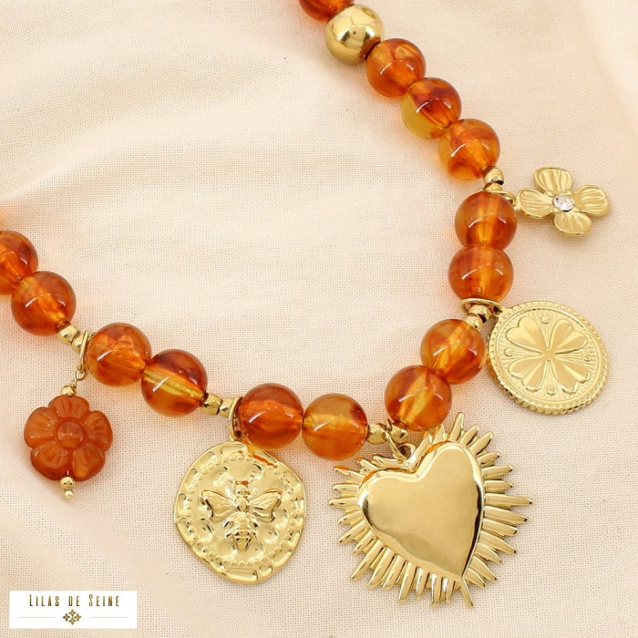 Collier acier résine breloque coeur trèfle abeille 0125571 cognac