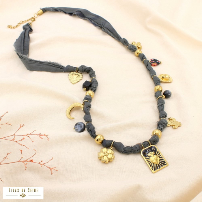 Collier acier tissu breloque résine émail strass 0125543 noir