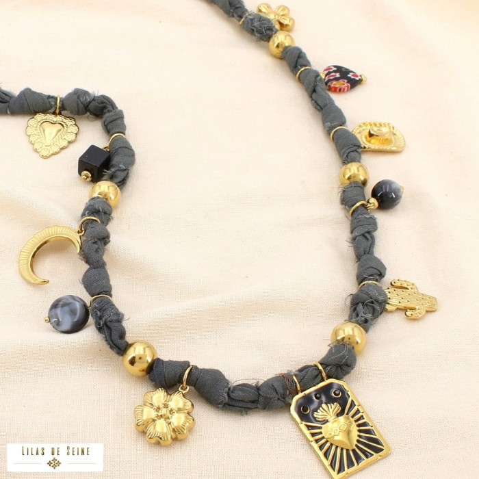 Collier acier tissu breloque résine émail strass 0125543 noir