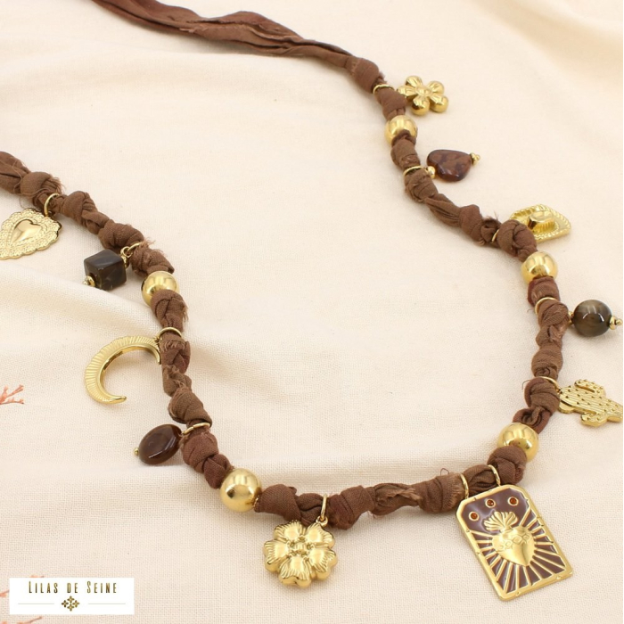 Collier acier tissu breloque résine émail strass 0125543 marron