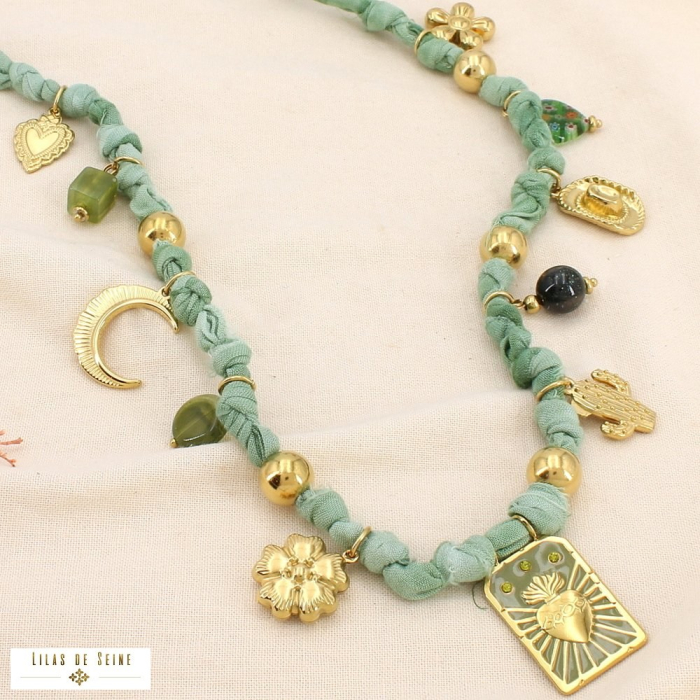 Collier acier tissu breloque résine émail strass 0125543 vert kaki