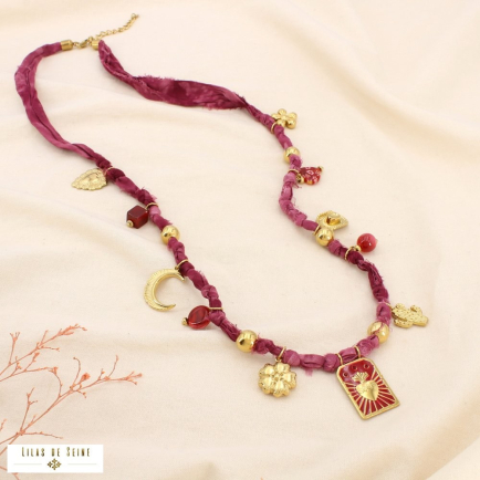 Collier acier tissu breloque résine émail strass 0125543 rouge bordeaux