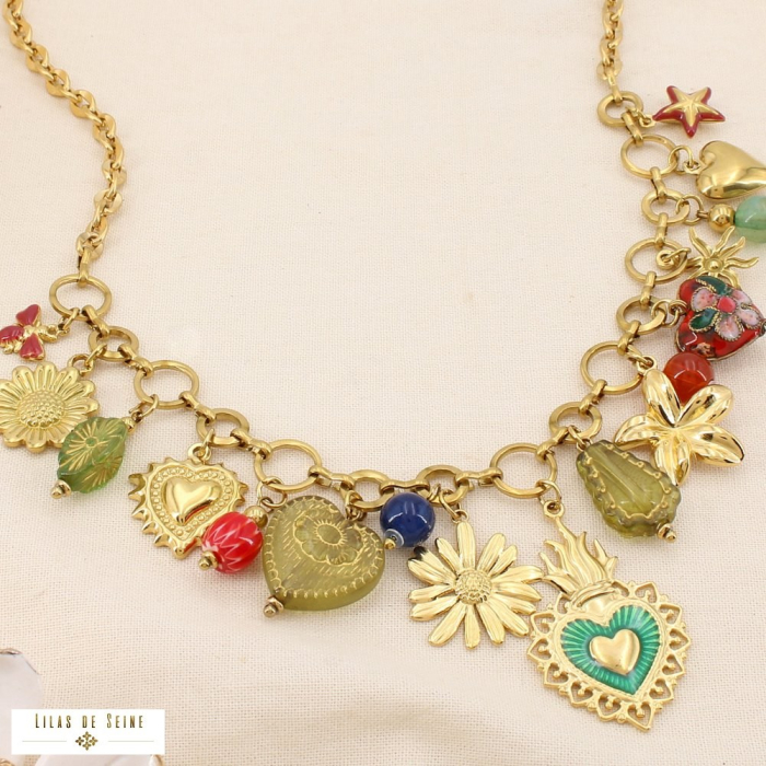 Collier multi-pendentifs bohème acier émail résine 0125537 multi