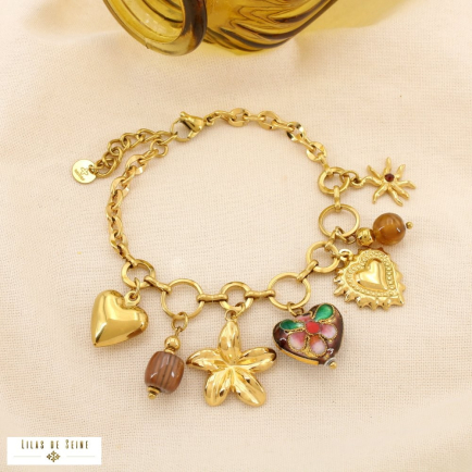 Bracelet charm floral cœur soleil acier émail résine 0225521 marron