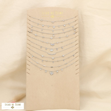 Ensemble 12 colliers minimaliste acier inox strass 0125555 argenté