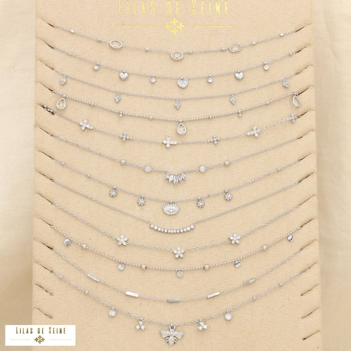Ensemble 12 colliers minimaliste acier inox strass 0125555 argenté