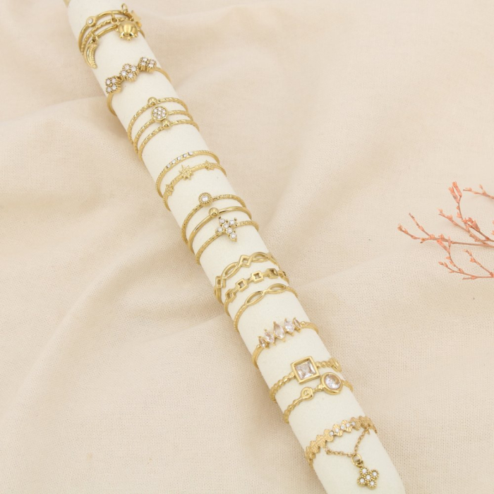 Ensemble 9 bagues réglable fines acier inox strass 0425544 doré