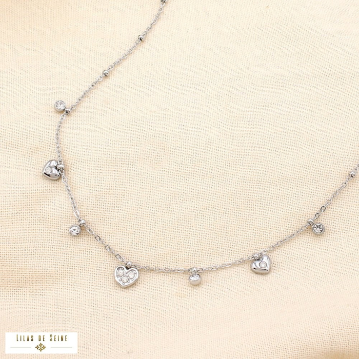 Collier acier inoxydable pampilles cœur strass 0125557 argenté