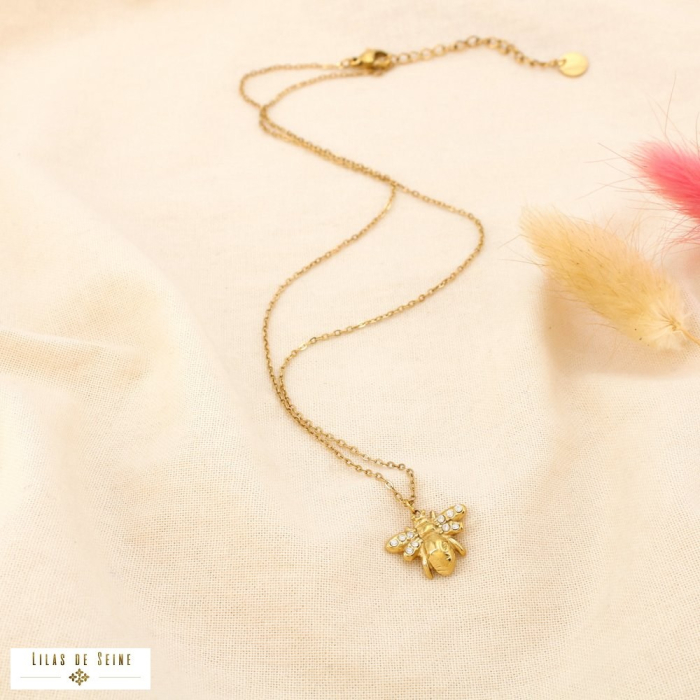 Collier acier inoxydable pendentif abeille strass 0125546 doré