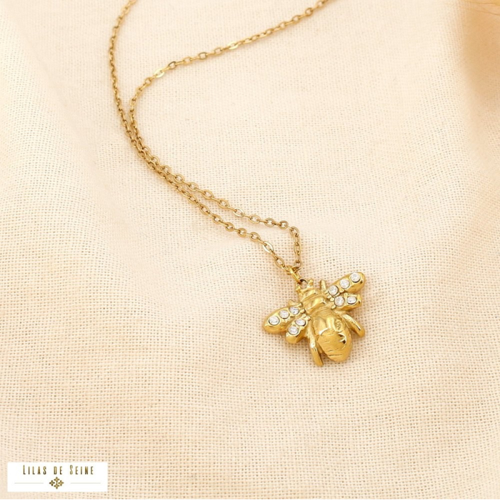 Collier acier inoxydable pendentif abeille strass 0125546 doré