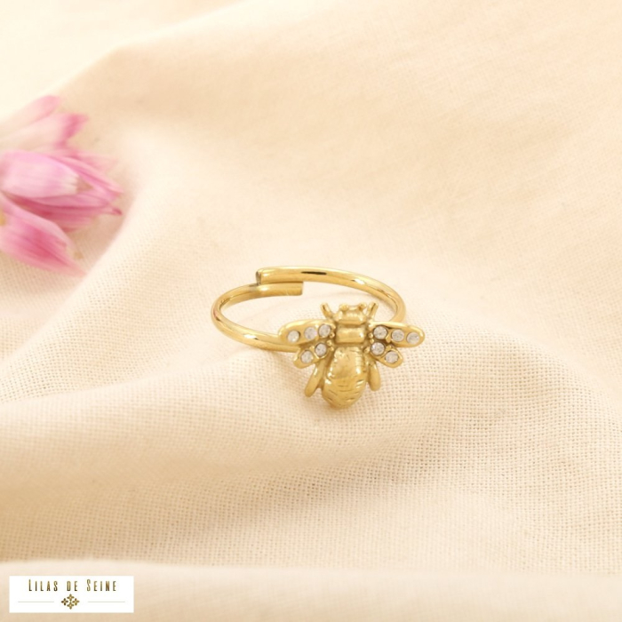 Bague ouverte acier inoxydable abeille strass 0425521 doré