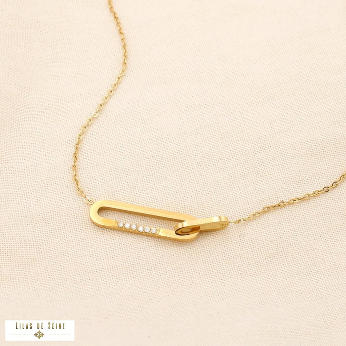Collier acier inoxydable strass anneaux entrelacés 0125547 doré