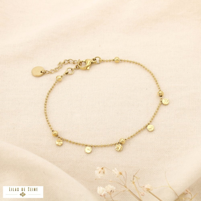 Bracelet acier inoxydable martelé bille pampille 0225551 doré