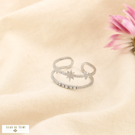 Bague acier inoxydable strass double-rangs étoile 0425504 argenté