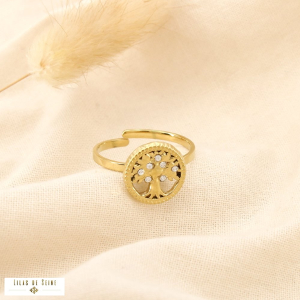 Bague acier inoxydable strass arbre de vie ajouré 0425506 doré