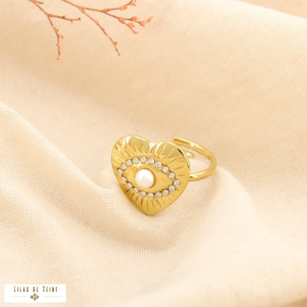 Bague acier inoxydable ouverte strass perle cœur œil 0425533 doré
