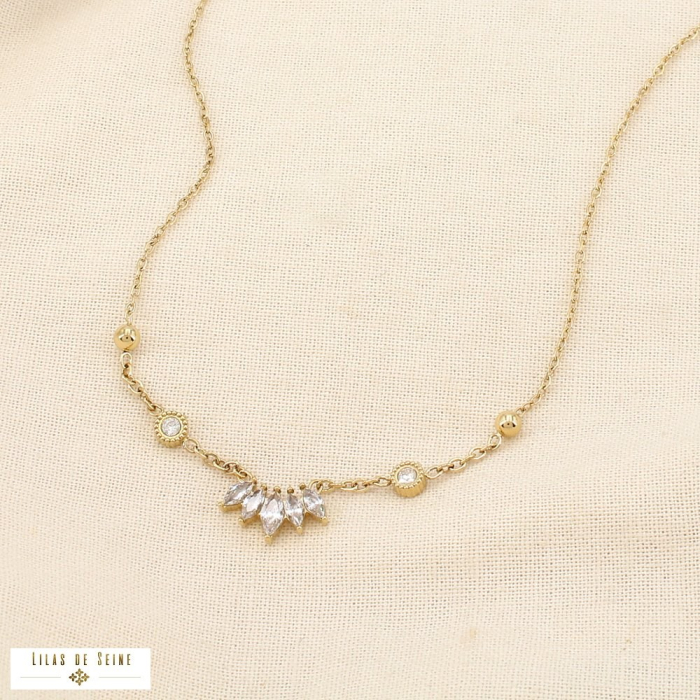 Collier acier inoxydable strass couronne bille 0125561 doré