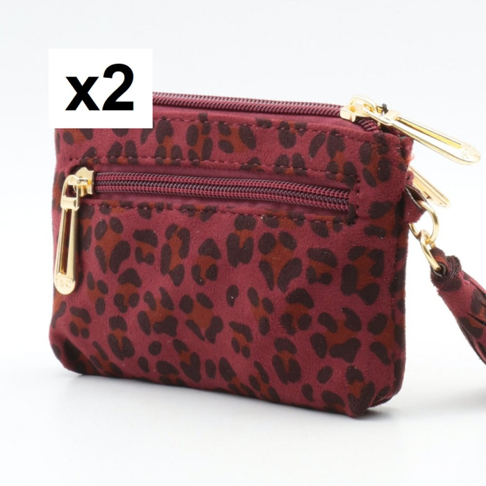 2 Pochettes léopard pompon Flora&Co polyester velours 0925533 rouge bordeaux