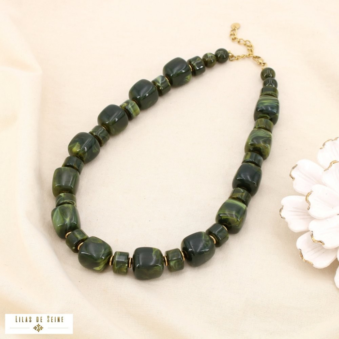 Collier acier inoxydable résine marbrée 0125144 vert kaki