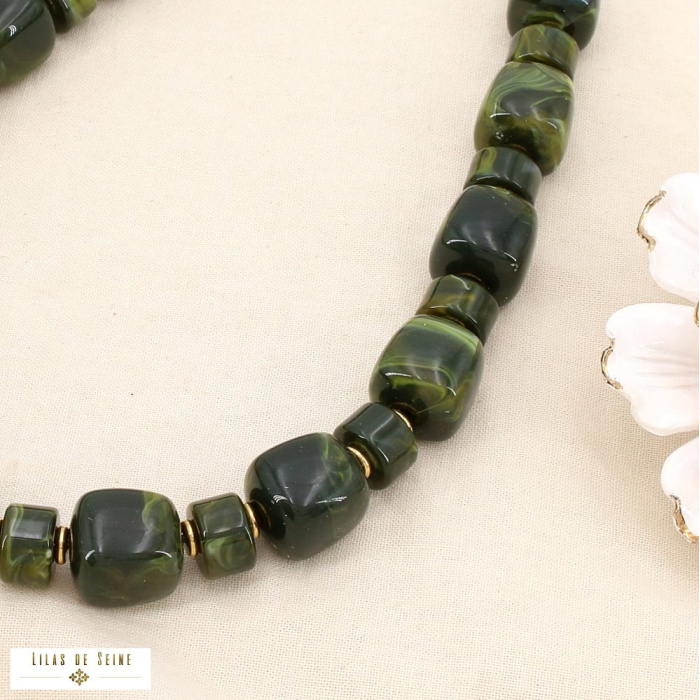 Collier acier inoxydable résine marbrée 0125144 vert kaki