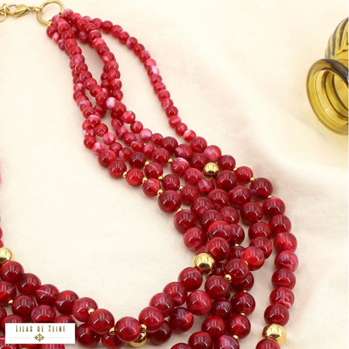 Collier multi-rangs acier inox résine marbré bille 0125592 rouge bordeaux