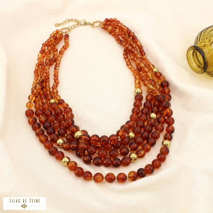 Collier multi-rangs acier inox résine marbré bille 0125592 cognac