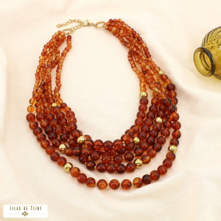 Collier multi-rangs acier inox résine marbré bille 0125592 cognac