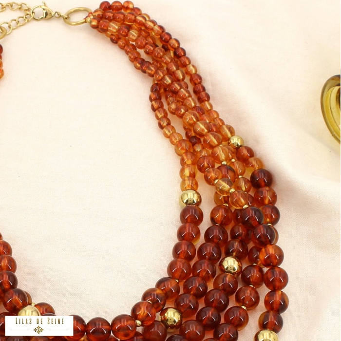 Collier multi-rangs acier inox résine marbré bille 0125592 cognac