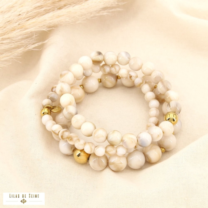 Bracelet élastique acier inox résine marbré bille 0225592 naturel/beige