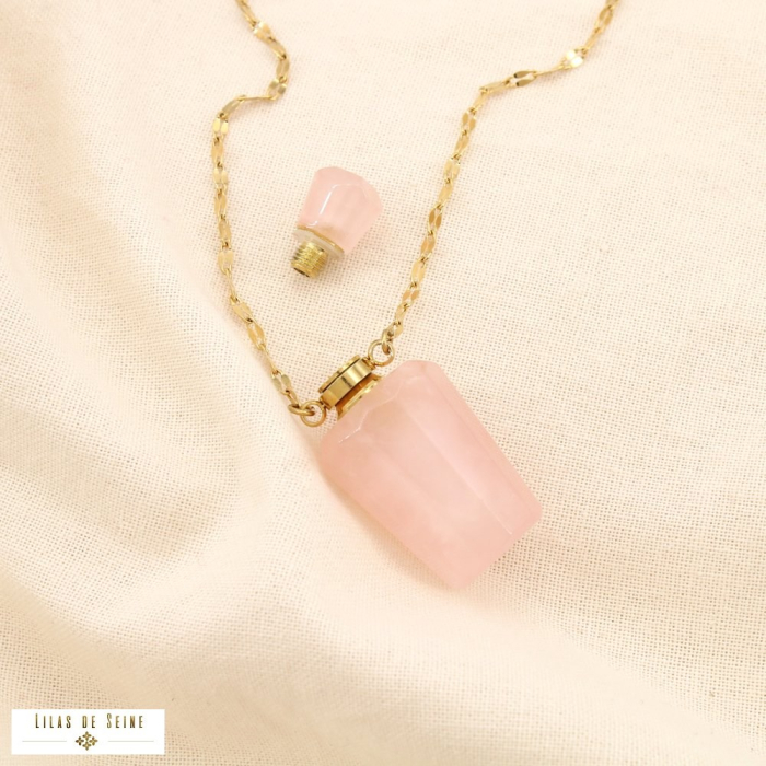 Collier sautoir flacon ouvrable acier inox pierre 0123154 rose clair