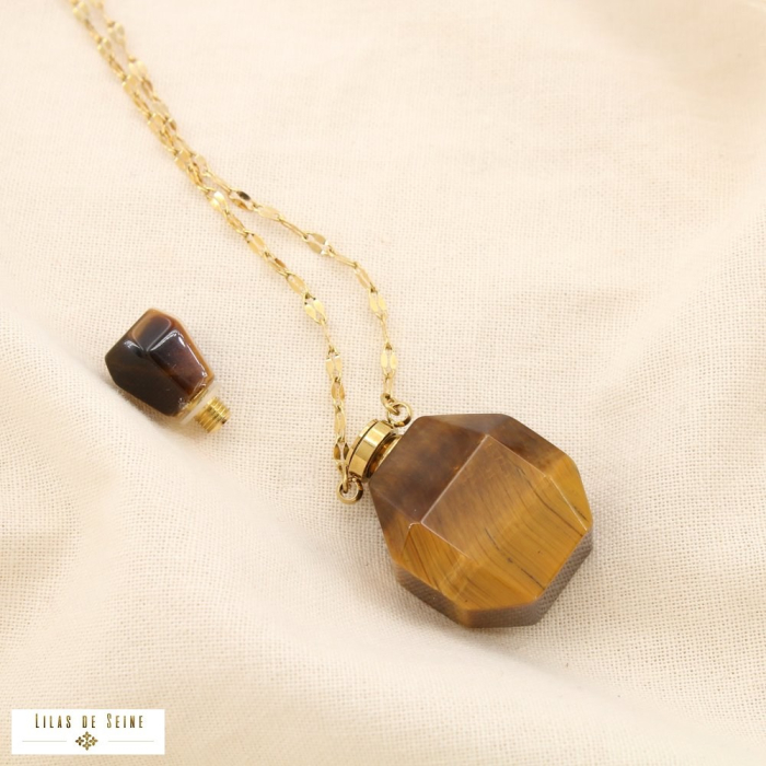 Collier sautoir flacon ouvrable acier inox pierre 0123154 cognac