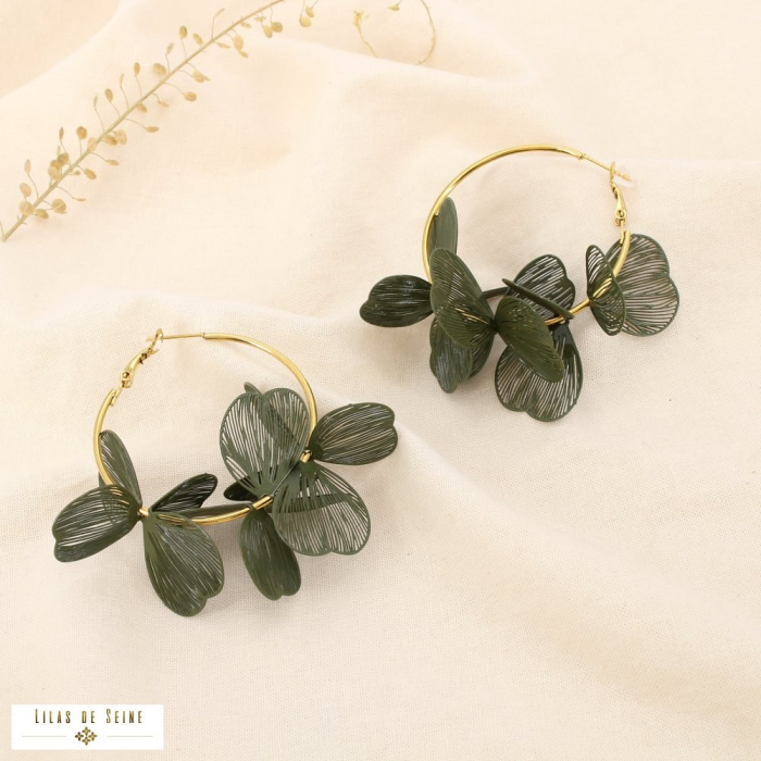 Créoles XXL acier inoxydable pétales colorés fins ajourés 0324224 vert kaki