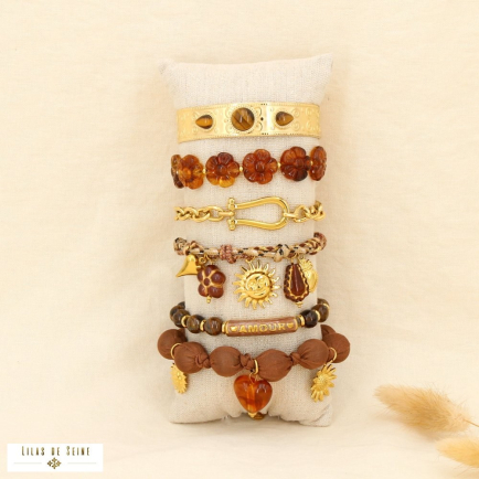 Ensemble 6 bracelets acier bohème nuance camel 0225606 cognac