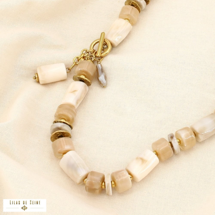 Collier acier inoxydable résine tubulaire marbrée 0125612 naturel/beige