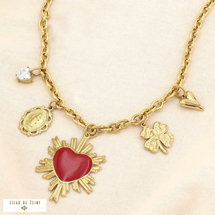 Collier acier émail breloque cœur trèfle médaille 0125613 rouge bordeaux