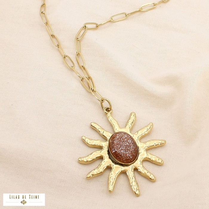 Collier sautoir acier résine soleil paillette 0125610 marron