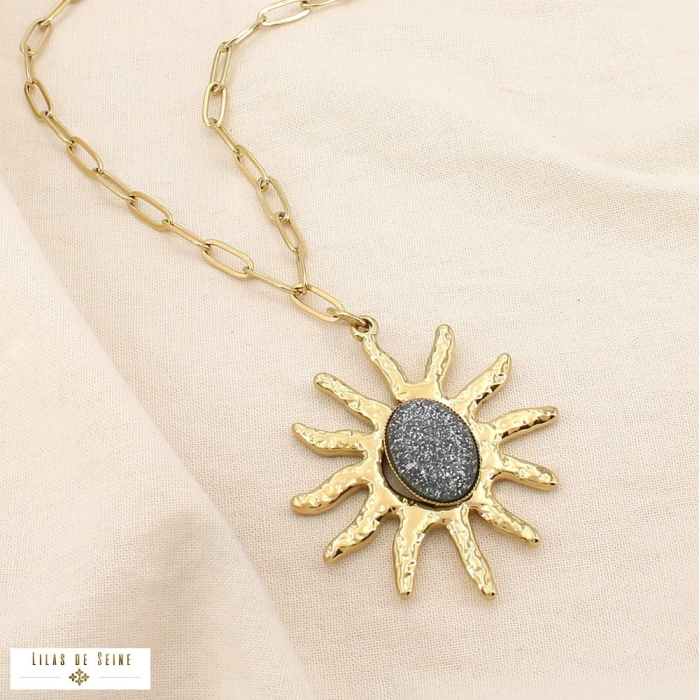 Collier sautoir acier résine soleil paillette 0125610 gris foncé
