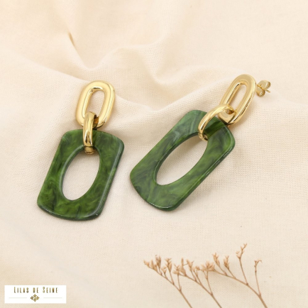 Boucles d’oreilles rectangulaire acier acrylique 0325505 vert