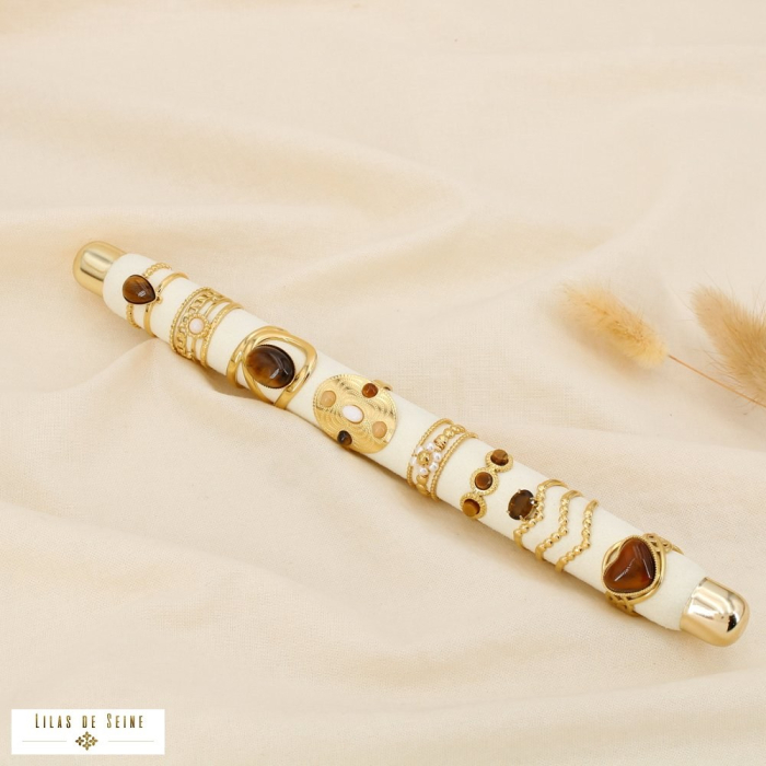 Ensemble 8 bagues acier inox pierre perle acrylique 0425099 marron